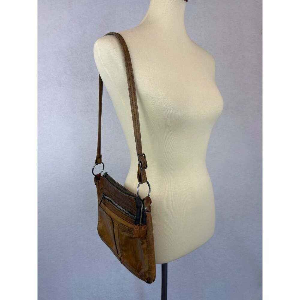Vintage 70s Brown Leather Shoulder Bag Adjustable Strap Zipper Pocket - Picture 1 of 16